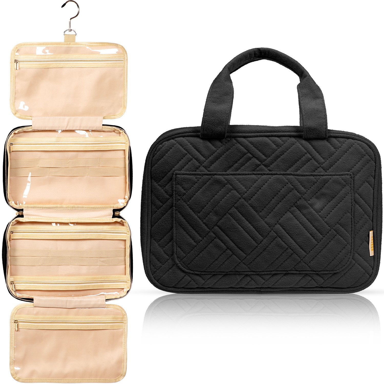 Medium Foldable Hanging Toiletry Bag - Panther Black (Beige Interior) Boacay Medium Foldable Hanging Toiletry Bag - Panther Black (Beige Interior) Boacay