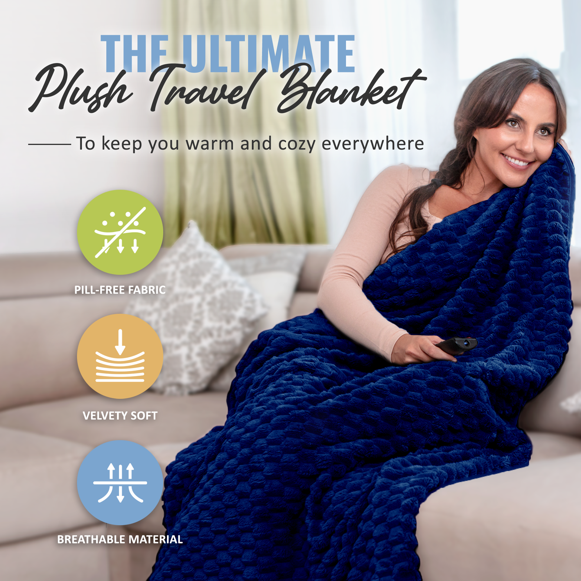 Navy Soft Warm Travel Blanket for Airplane Car Honeycomb