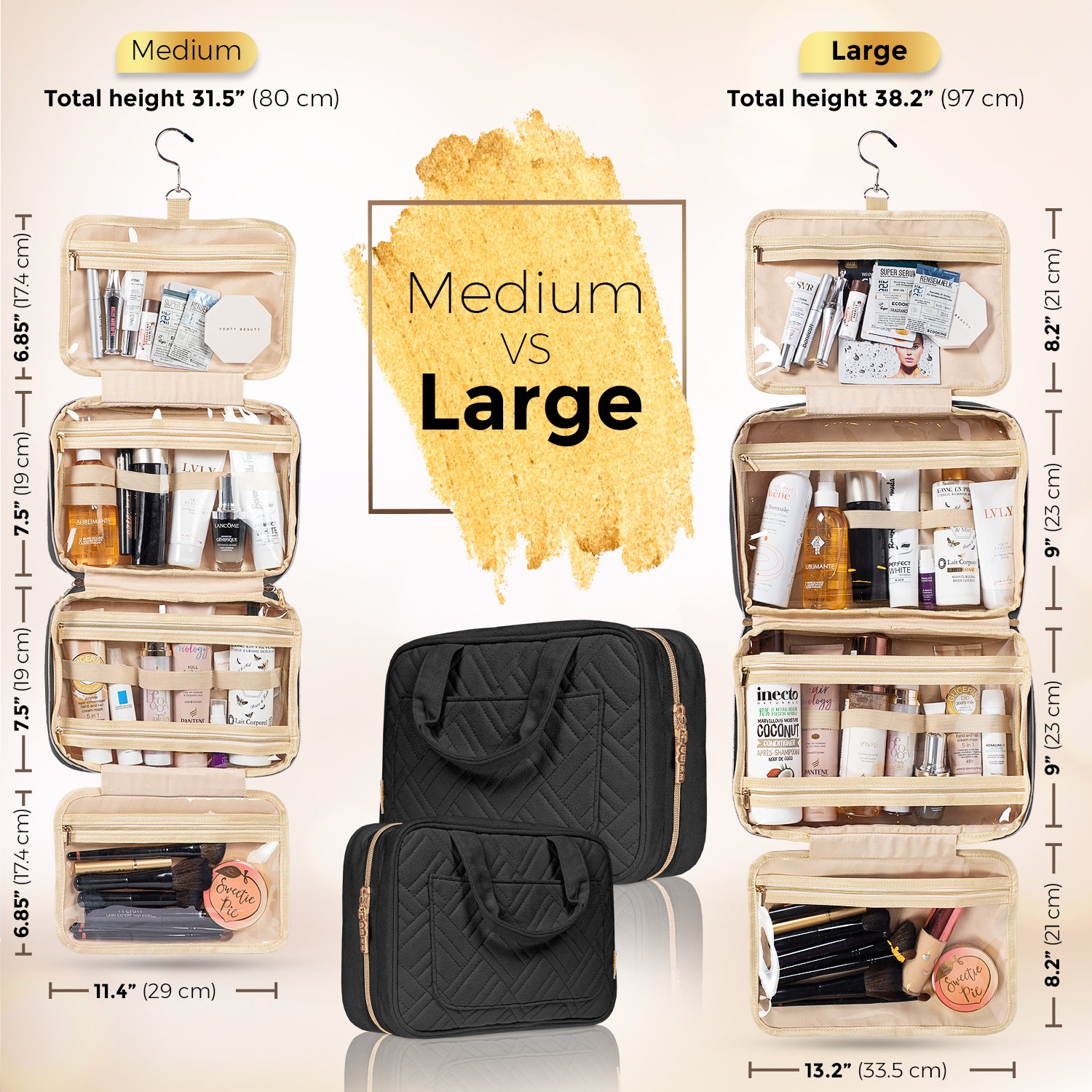 best hanging toiletry bags for travel Medium Foldable Hanging Toiletry Bag - Panther Black (Beige Interior)