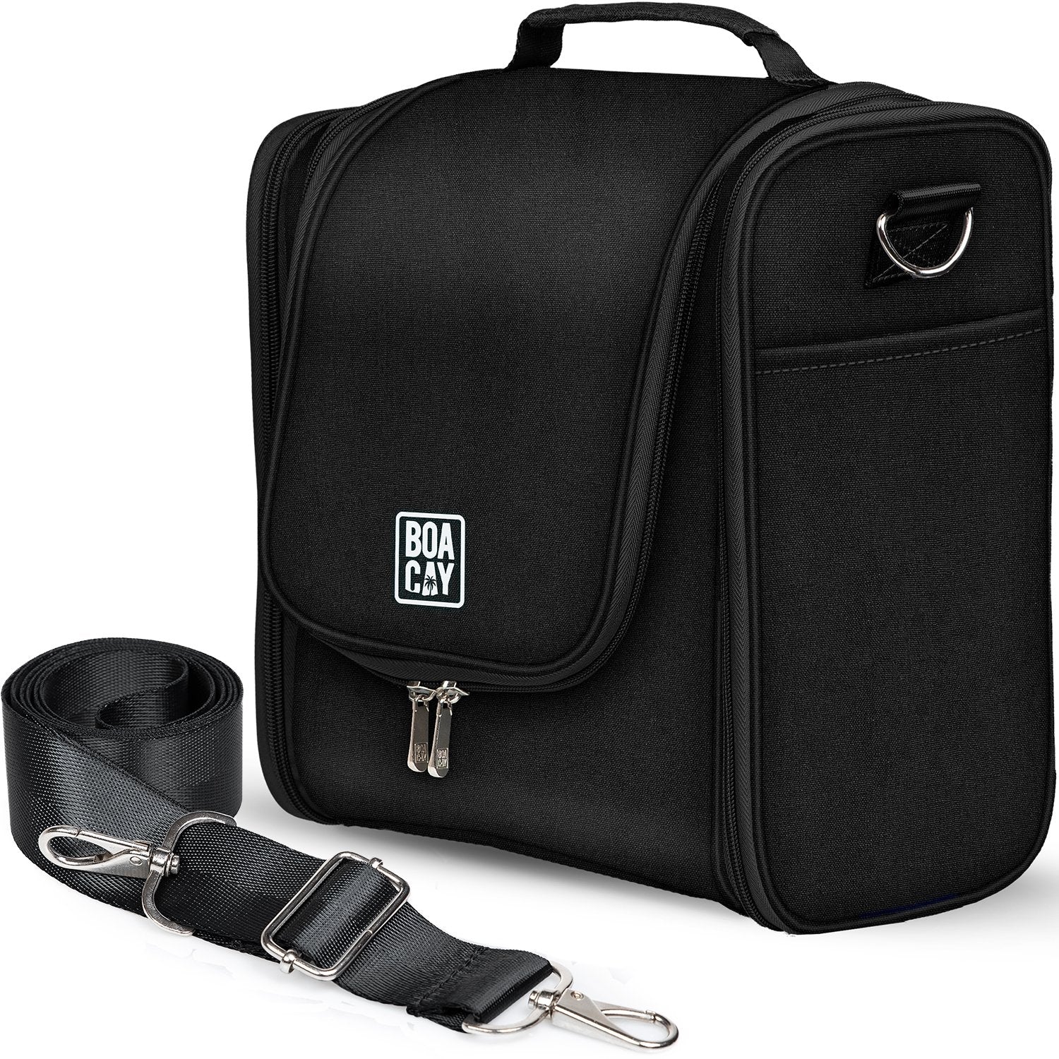 Black extra-large toiletry bag with shoulder strap and multiple compartments for an easy organization of your cosmetics. It is waterproof, washable and perfect for travel, camping, business trips or home use.
